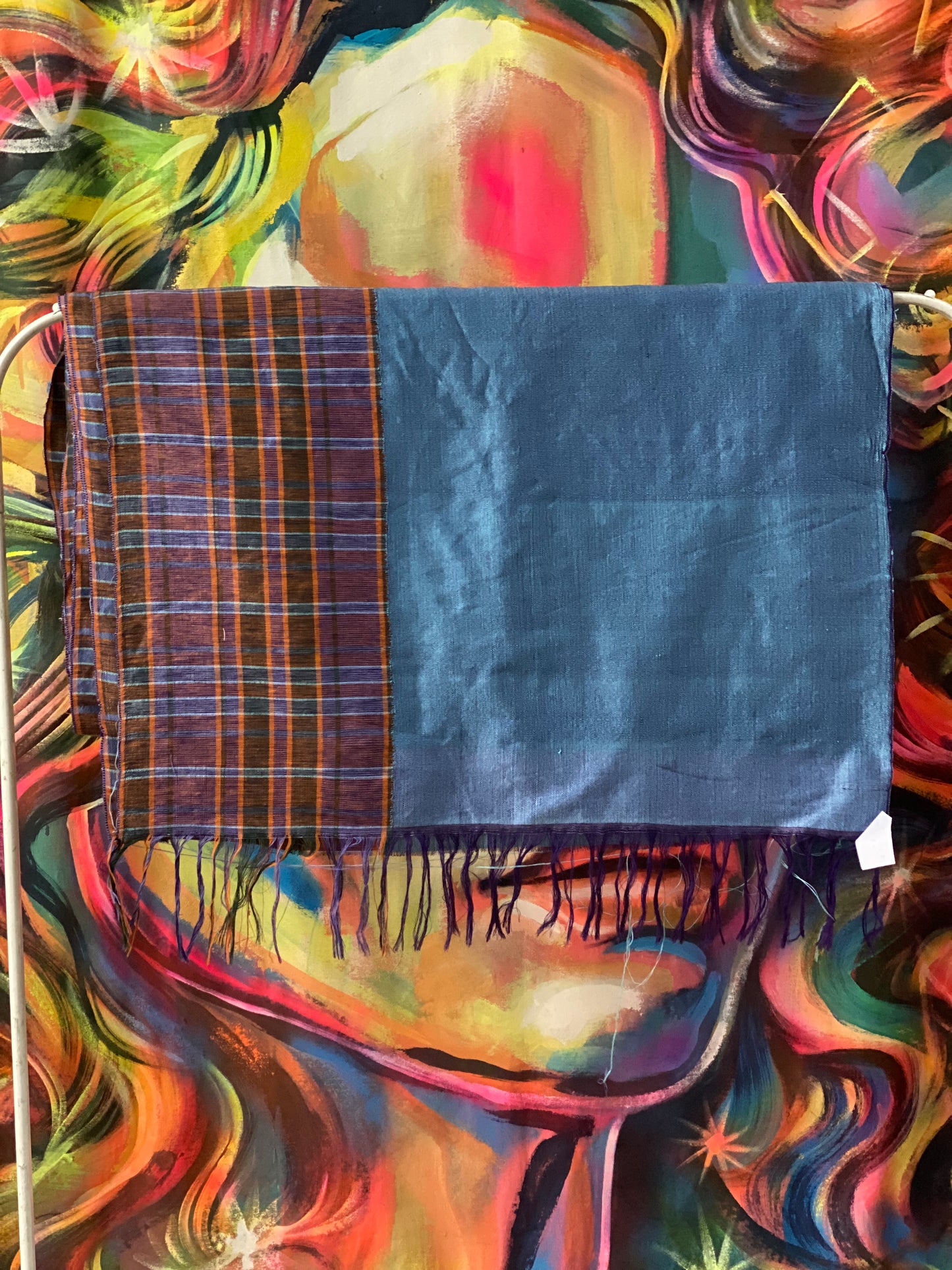 Fabric Checkered purple, orange, green & pink / plain blue (FAB 09)
