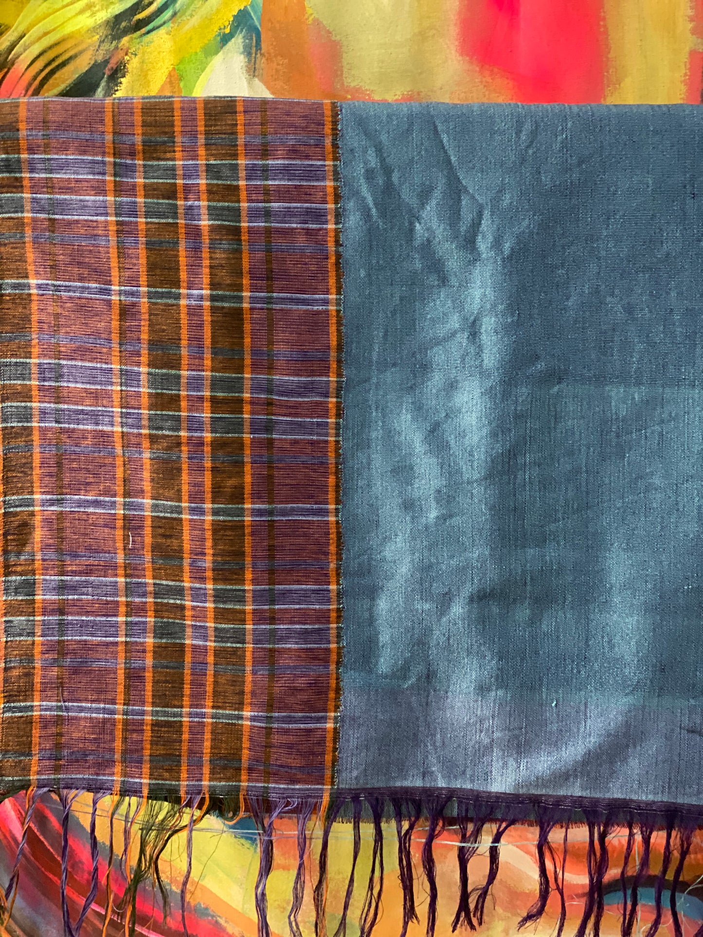 Fabric Checkered purple, orange, green & pink / plain blue (FAB 09)