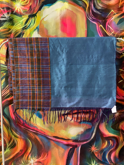 Fabric Checkered purple, orange, green & pink / plain blue  (FAB 09)