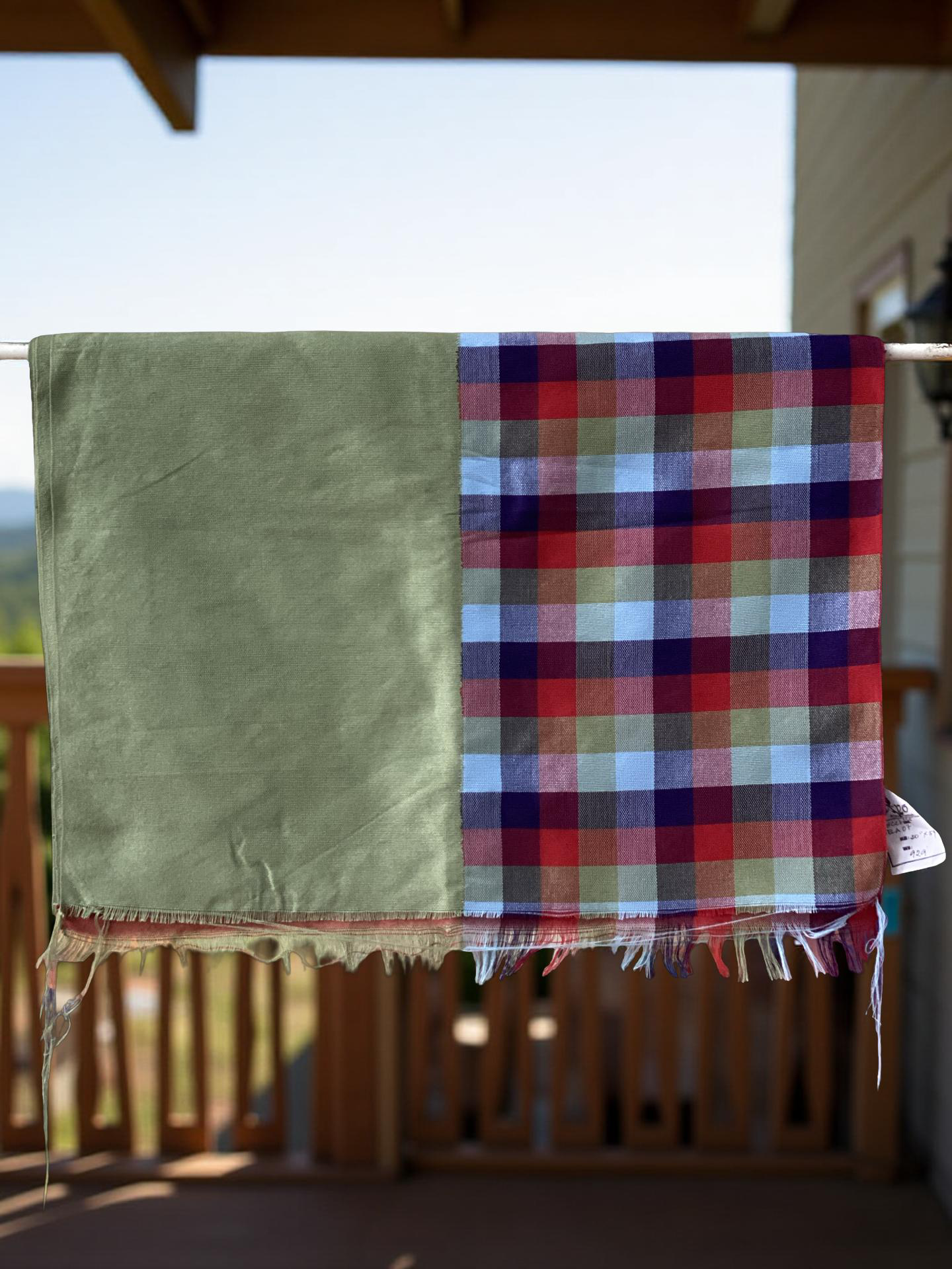 checkered red, blue & green / plain moose green